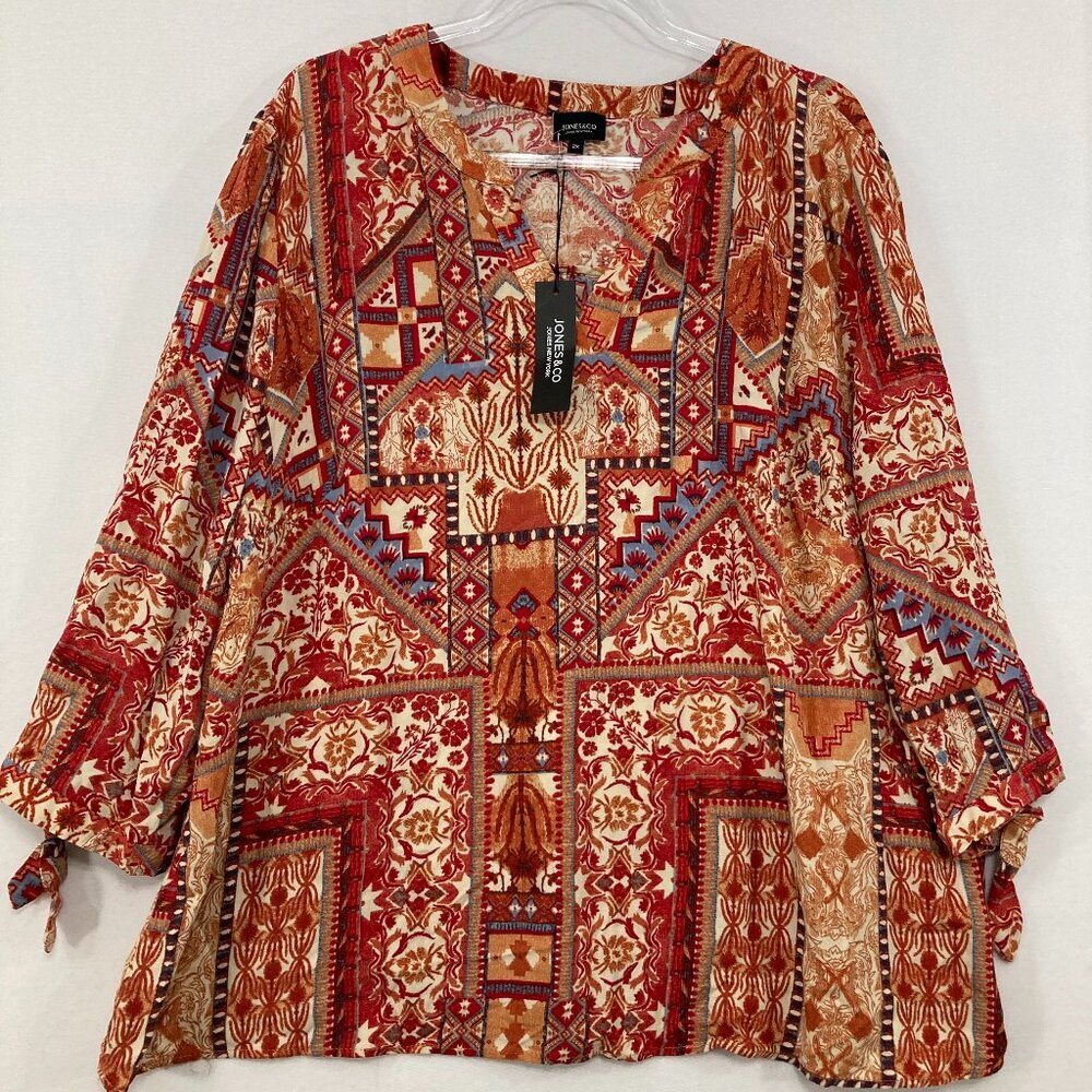 New Jones New York size 2X Red Orange Tribal Boho‎ Relaxed Comfy Blouse